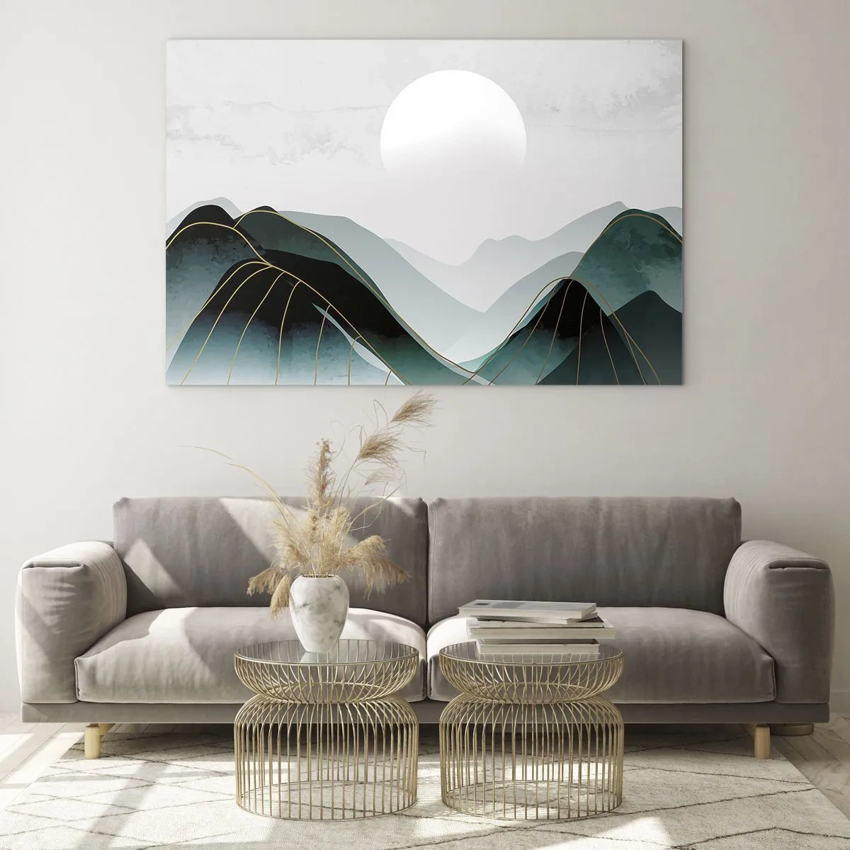 Obraz na szkle - Górski krajobraz z białym słońcem i złotymi liniami - 70x50cm - W pełnym majestacie - Nowoczesna dekoracja ścienna do salonu i sypialni ARTTOR