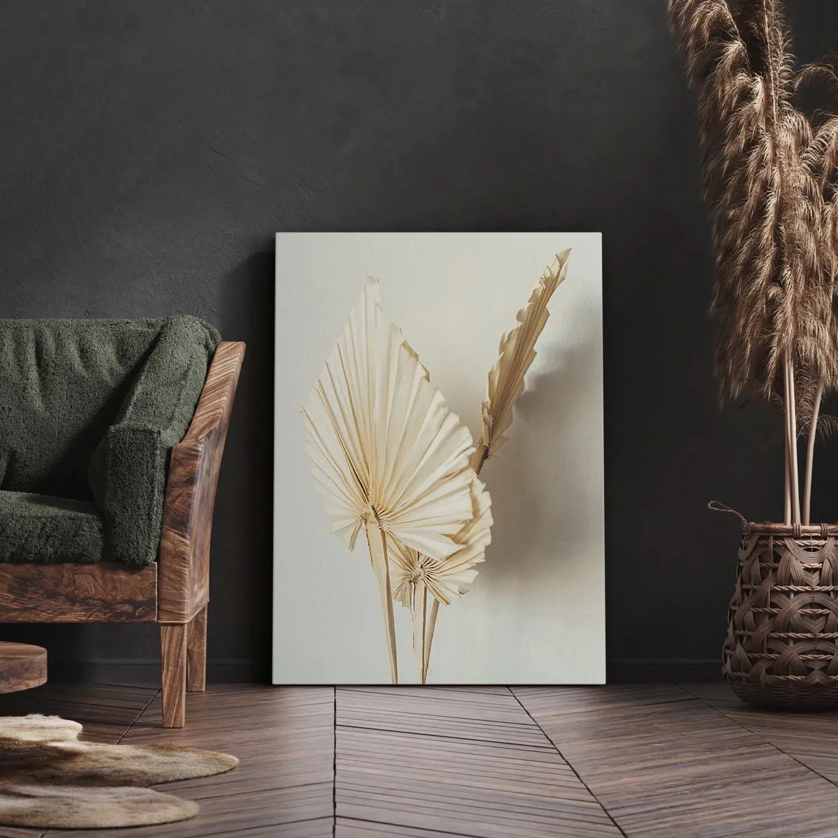 Obraz na płótnie - Suszone liście palmowe w neutralnych odcieniach beżu i brązu - 50x70cm - Gdy potrzebne ukojenie - Nowoczesna dekoracja ścienna do salonu, kuchni i sypialni ARTTOR