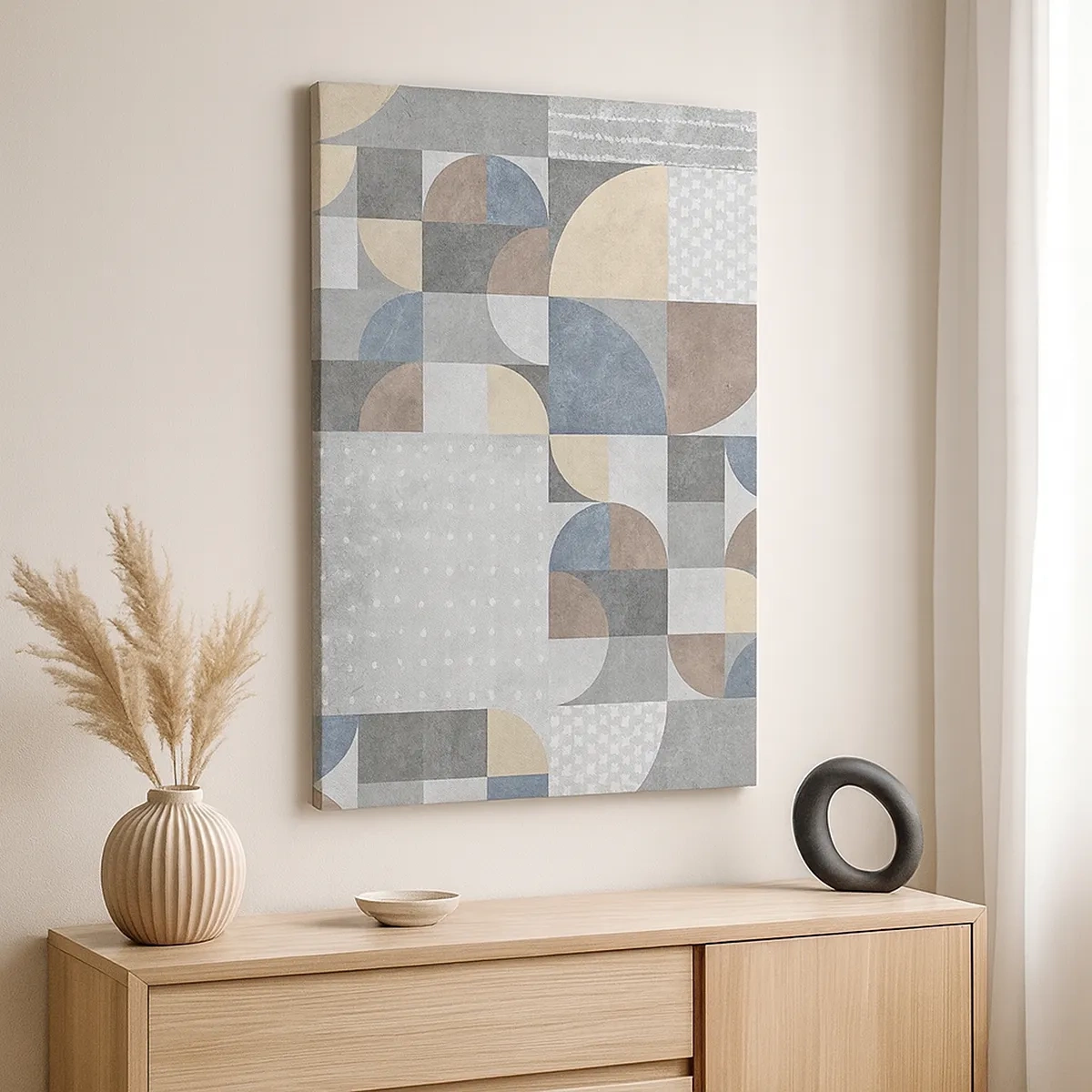 Obraz na płótnie - Geometryczne figury w odcieniach szarości, beżu i niebieskiego - 50x70cm - Ceramiczna fantazja - Nowoczesna dekoracja ścienna do salonu, kuchni i sypialni ARTTOR