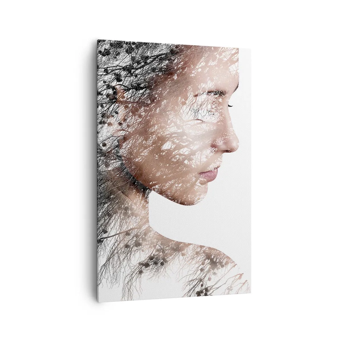 Obraz na płótnie - Sylwetka kobiety z motywem gałęzi i ptaka w tle - 80x120cm - Duch lasu - Nowoczesna dekoracja ścienna do salonu i sypialni ARTTOR