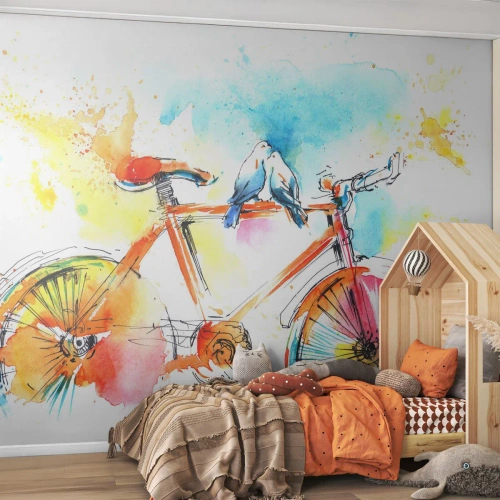 Fototapeta Premium Sand - Kolorowy rower z ptakami w akwarelowym stylu - 100x70cm - We dwoje na rowerze - Nowoczesna dekoracja ścienna do salonu, kuchni i sypialni ARTTOR