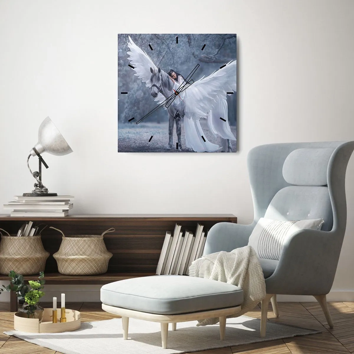 Zegar ścienny - Kobieta na białym koniu ze skrzydłami w magicznym lesie - 30x30cm - Natchniona chwila - Nowoczesna dekoracja ścienna do salonu i sypialni ARTTOR