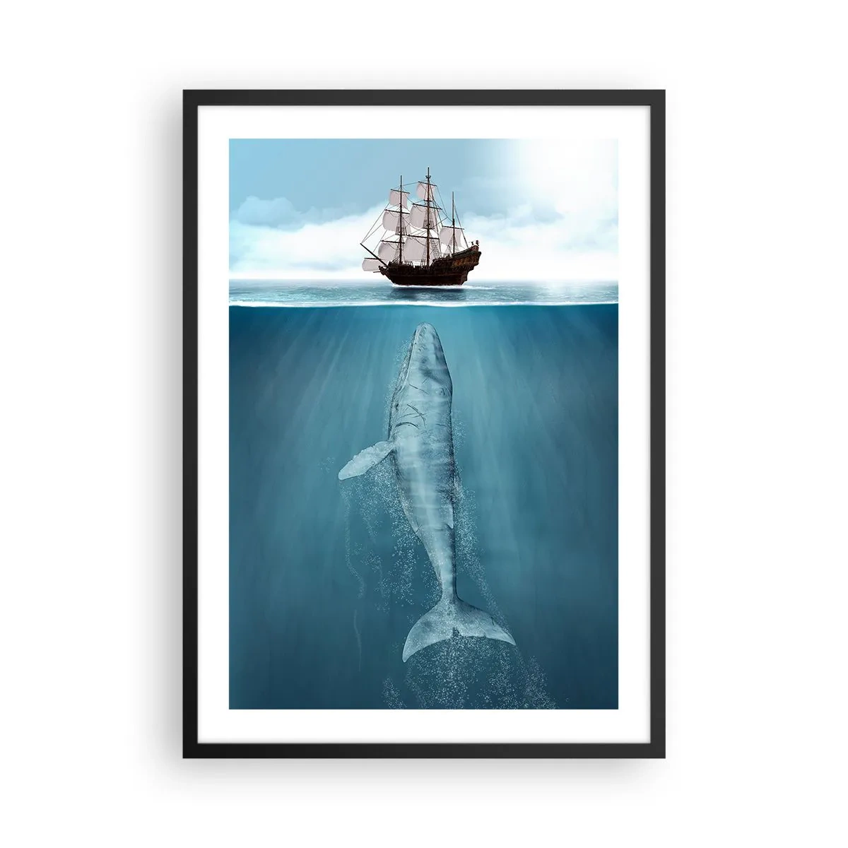 Plakat w czarnej ramie - Statek na powierzchni wody z wielorybem pod nią, w surrealistycznym ujęciu - 50x70cm - Lepiej nie wiedzieć - Nowoczesna dekoracja ścienna do salonu i sypialni ARTTOR