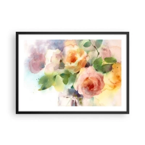 Plakat w czarnej ramie - Delikatne róże w akwarelowym stylu na jasnym tle - 70x50cm - Delikatne jak akwarela - Nowoczesna dekoracja ścienna do salonu i sypialni ARTTOR