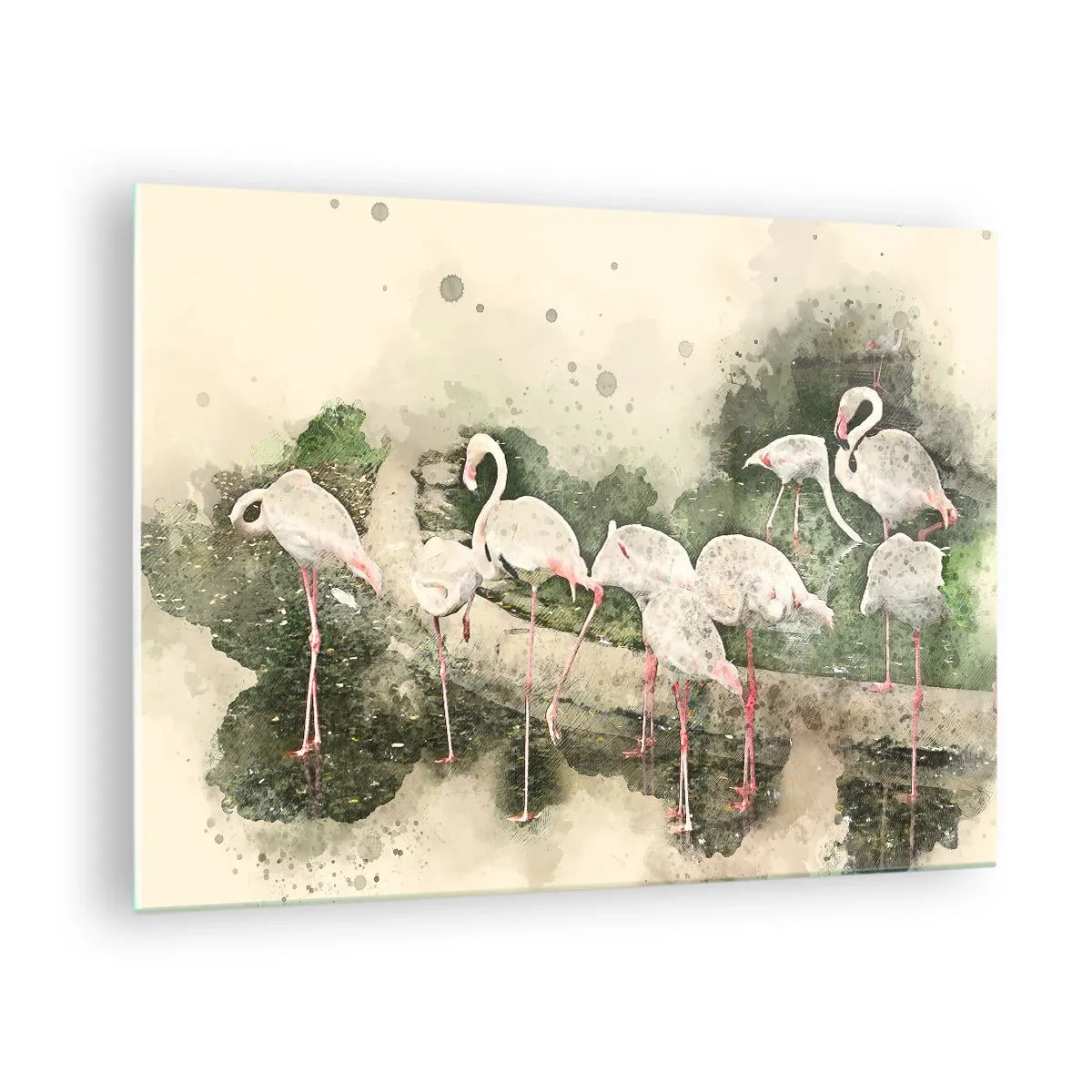 Obraz na szkle - Flamingi na tle akwarelowej kompozycji - 70x50cm - Egzotyczny sen - Nowoczesna dekoracja ścienna do salonu i sypialni ARTTOR