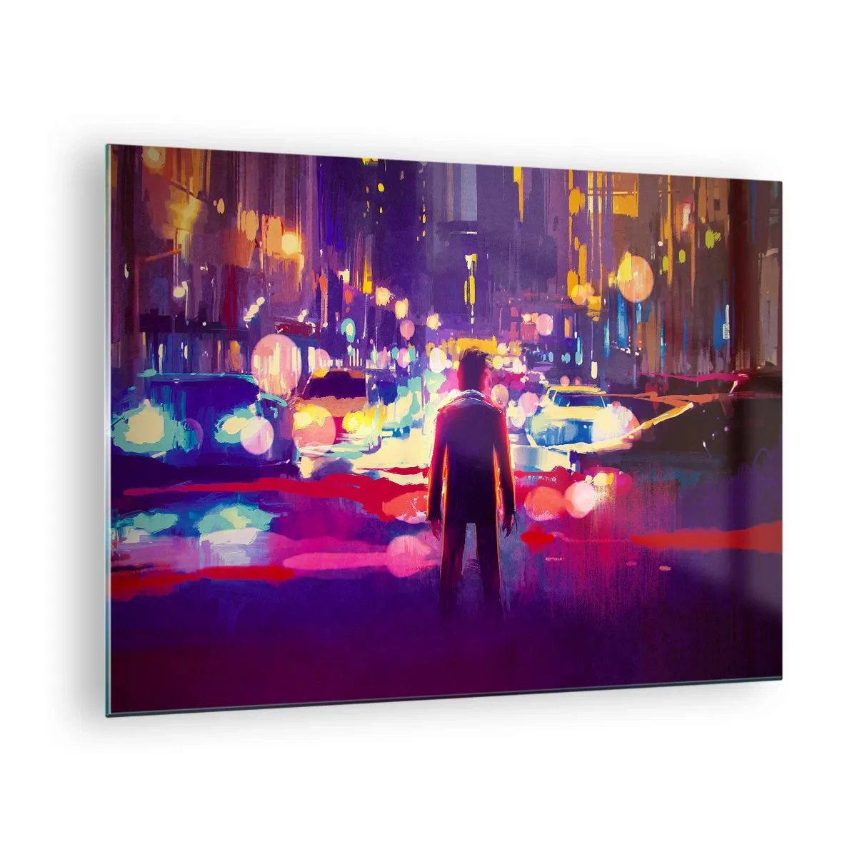 Obraz na szkle - Postać w kolorowym, nocnym świetle miasta o futurystycznym stylu - 70x50cm - Zanurzony w świetle - Nowoczesna dekoracja ścienna do salonu i sypialni ARTTOR