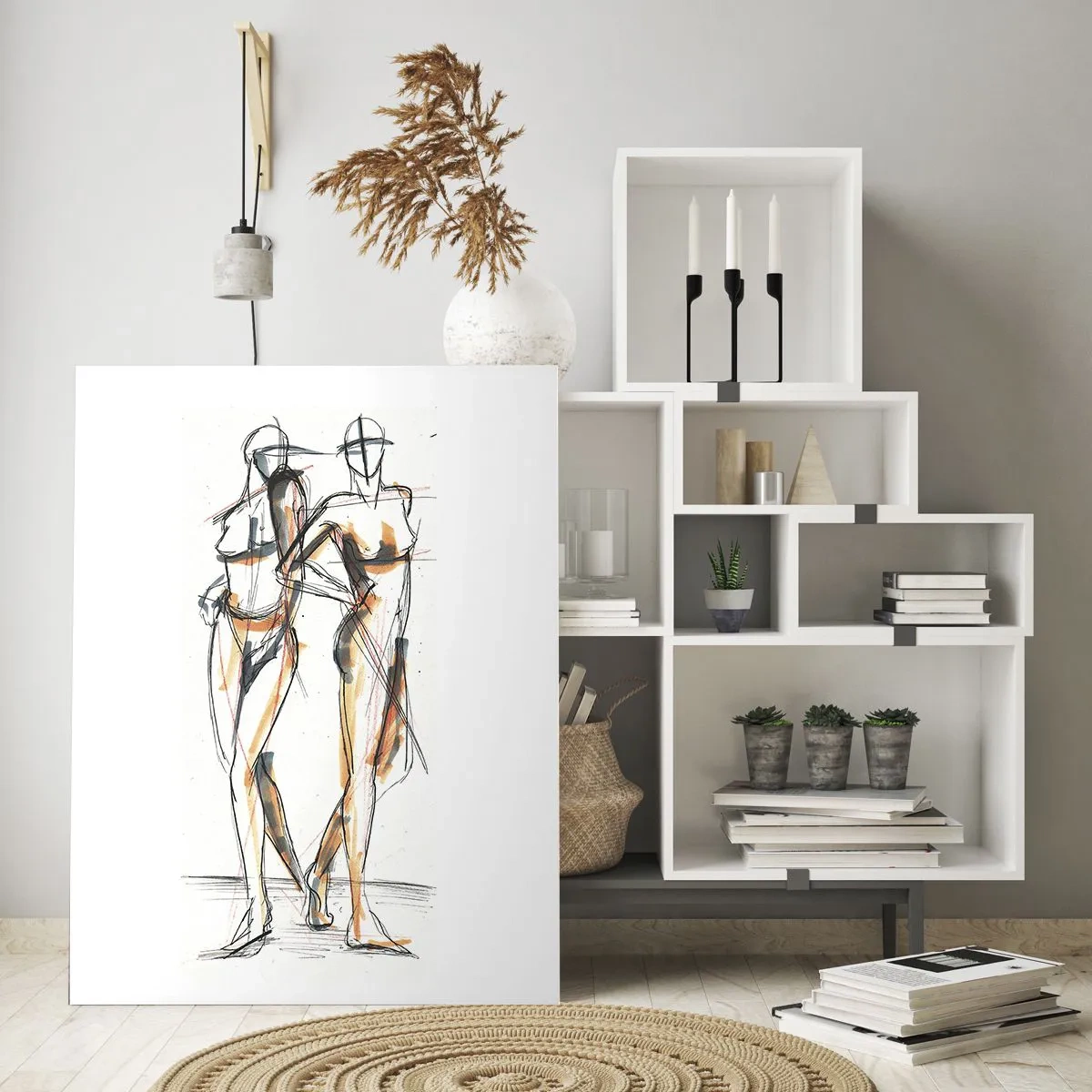 Obraz na szkle - Artystyczny szkic dwóch sylwetek na białym tle - 70x100cm - Studium wdzięku - Nowoczesna dekoracja ścienna do salonu i sypialni ARTTOR
