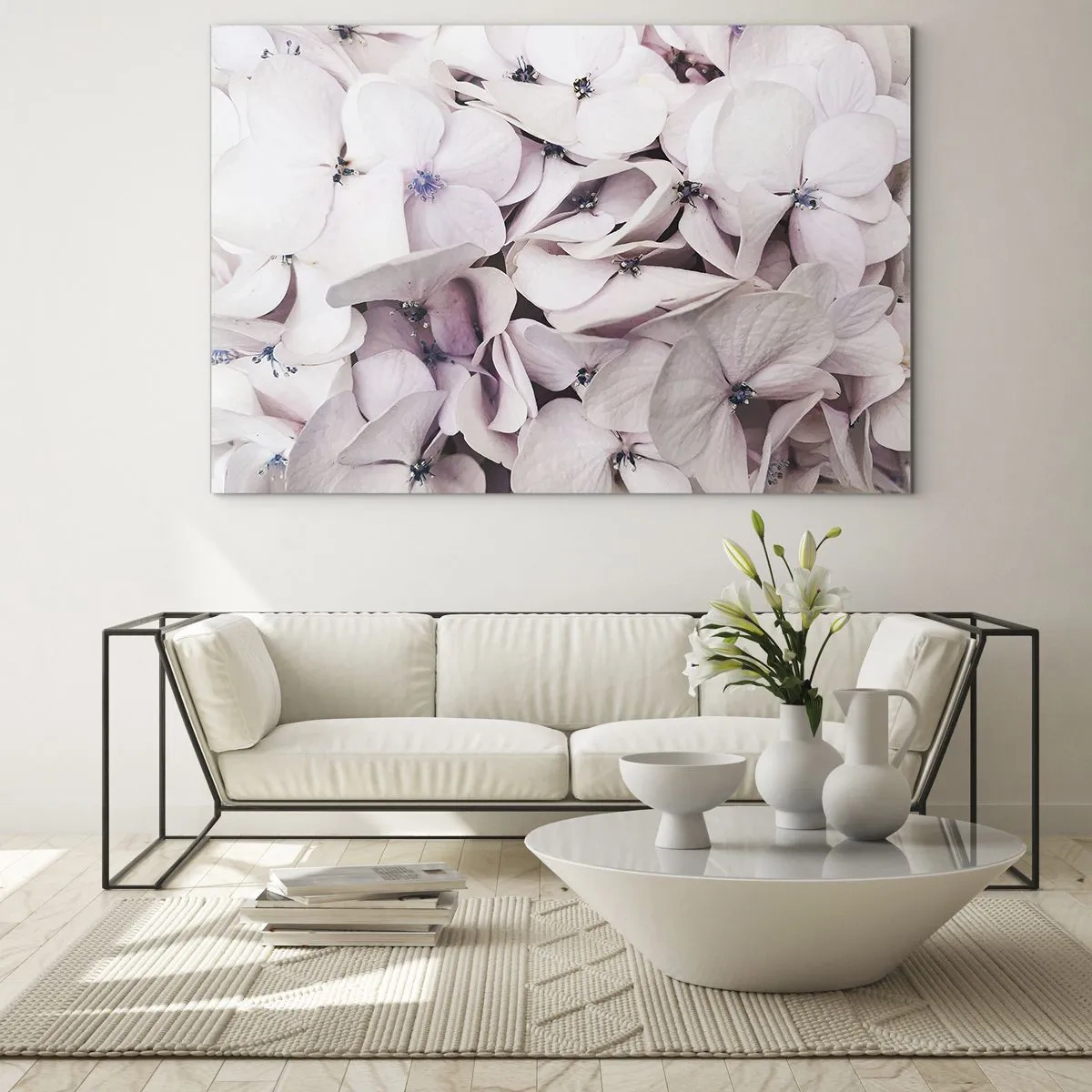 Obraz na szkle - Delikatne jasnoróżowe hortensje w zbliżeniu - 70x50cm - W powodzi kwiatów - Nowoczesna dekoracja ścienna do salonu i sypialni ARTTOR