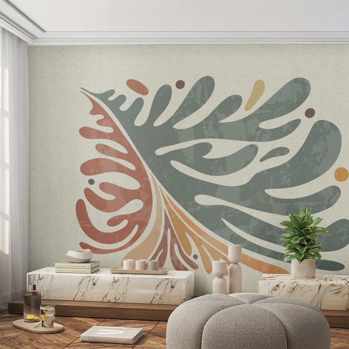 Fototapeta Premium Sand - Dekoracyjny liść w zielono-pomarańczowej tonacji - 100x70cm - Wielobarwny liść - Nowoczesna dekoracja ścienna do salonu, kuchni i sypialni ARTTOR