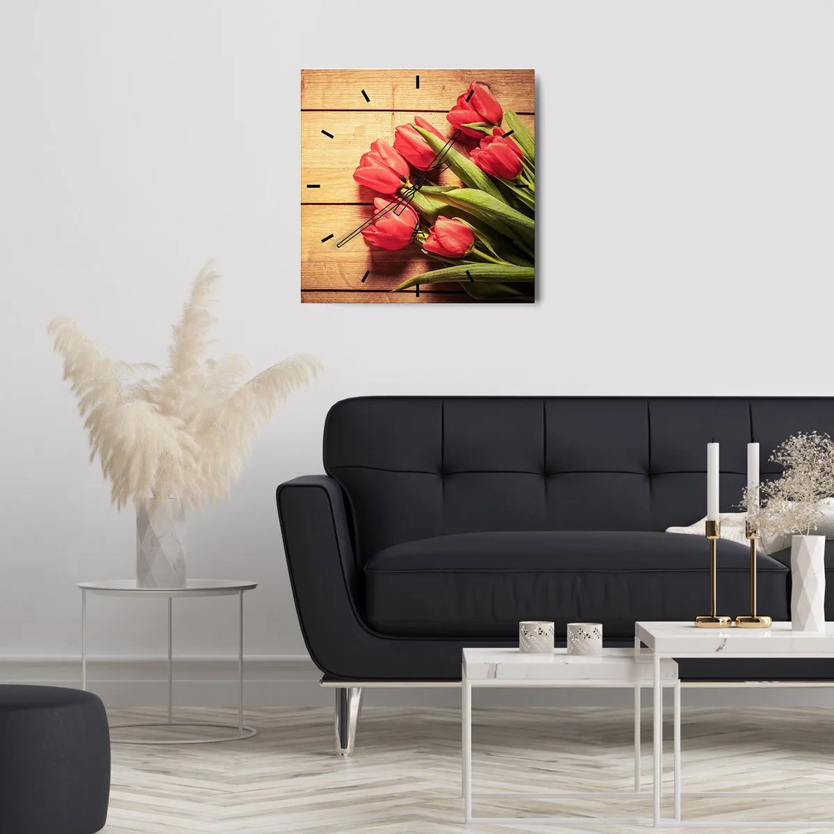 Zegar ścienny - Bukiet różowych tulipanów na drewnianym tle - 30x30cm - Wiosenne wyznanie - Nowoczesna dekoracja ścienna do salonu i sypialni ARTTOR