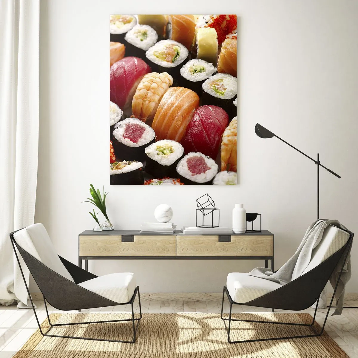 Obraz na szkle - Kolorowa kompozycja sushi z różnorodnymi składnikami - 50x70cm - Barwy i smaki Azji - Nowoczesna dekoracja ścienna do salonu, kuchni i sypialni ARTTOR