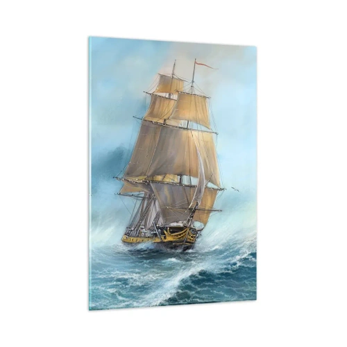 Obraz na szkle - Statek żaglowy na wzburzonym morzu - 80x120cm - Mknący po falach - Nowoczesna dekoracja ścienna do salonu i sypialni ARTTOR