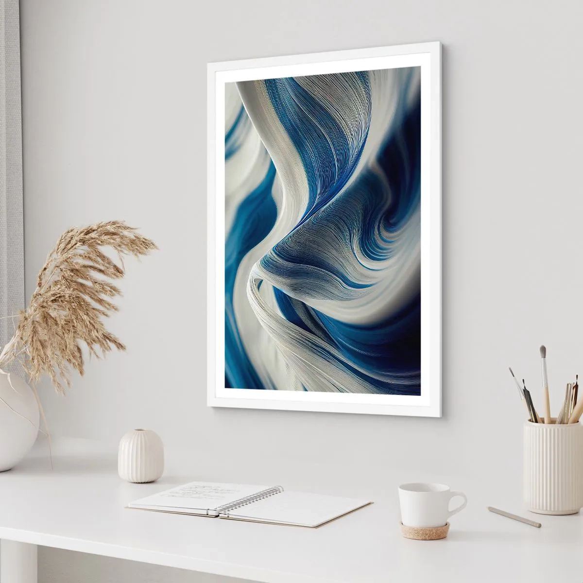 Plakat w białej ramie - Płynność błękitu i bieli - 30x40 cm