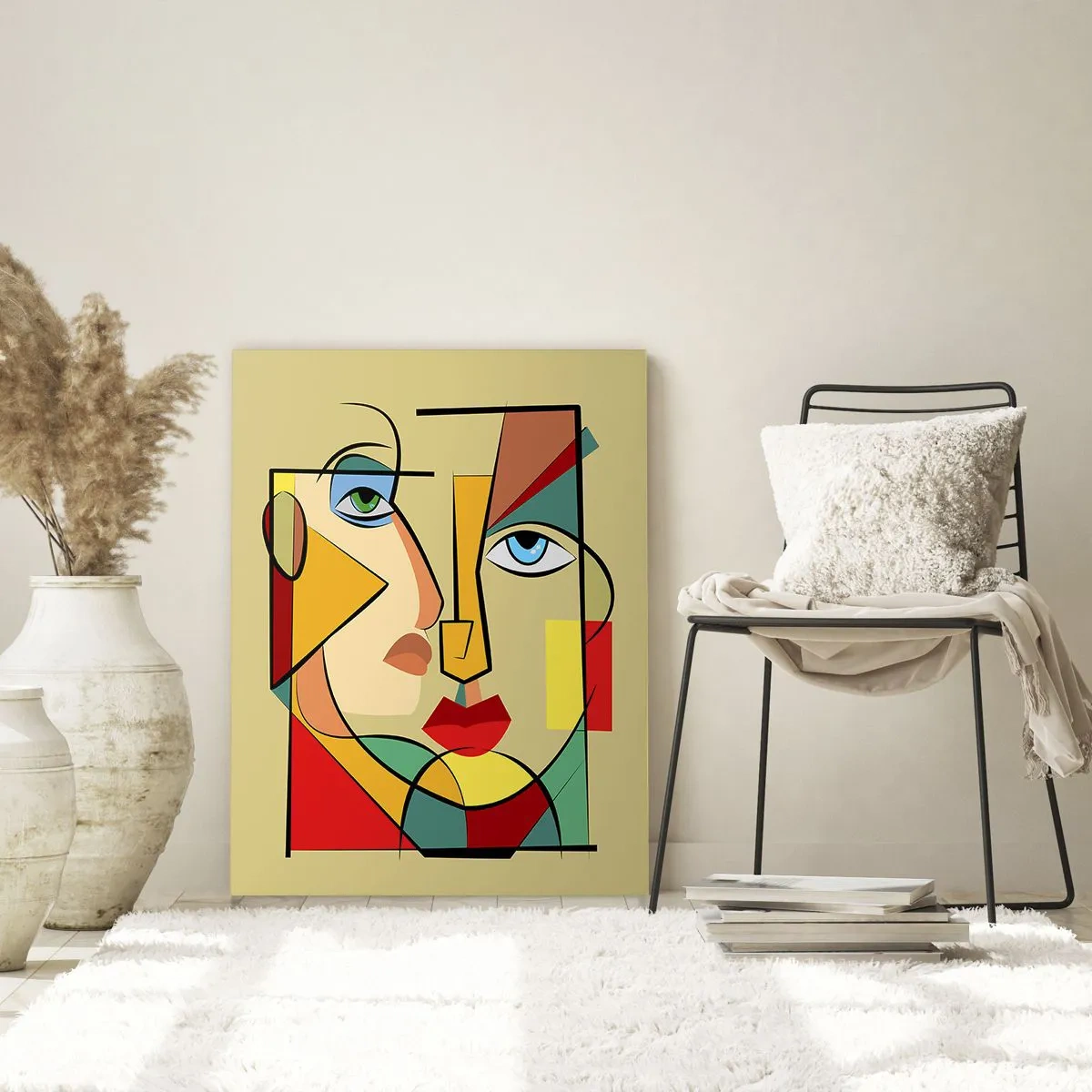 Obraz na szkle - Kolorowy abstrakcyjny portret w stylu kubistycznym - 80x120cm - Dobrana para - Nowoczesna dekoracja ścienna do salonu i sypialni ARTTOR