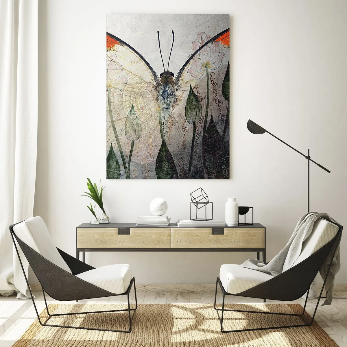 Obraz na szkle - Motyl z pomarańczowymi skrzydłami na tle stylizowanych kwiatów - 80x120cm - "Kędy się motyl kołysa na trawie" - Nowoczesna dekoracja ścienna do salonu i sypialni ARTTOR