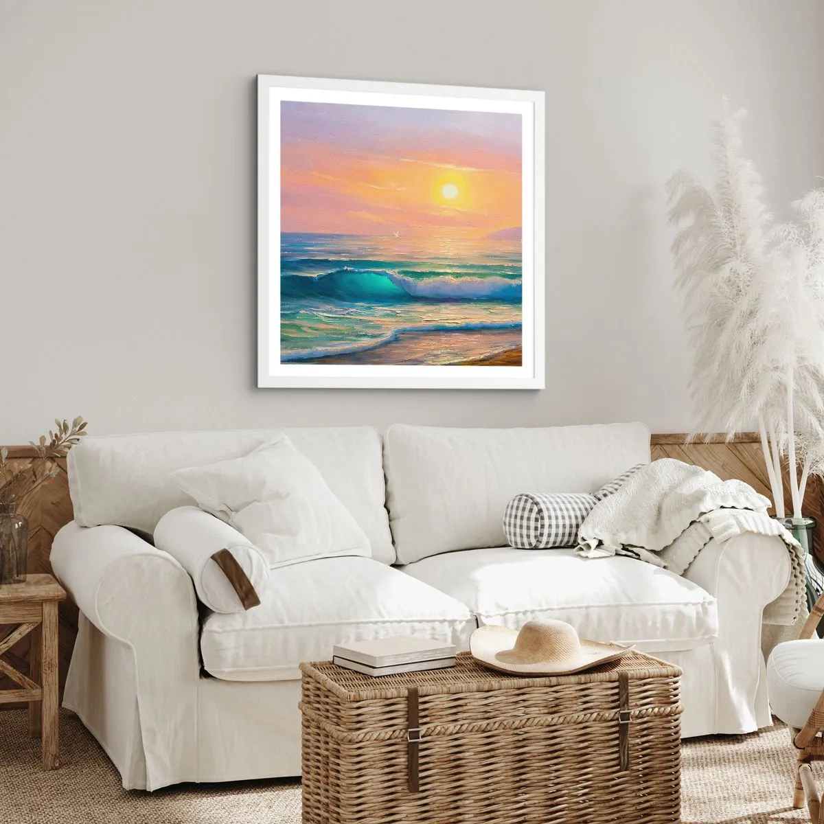 Plakat w białej ramie - Turkusowa pieśń fal - 30x30 cm