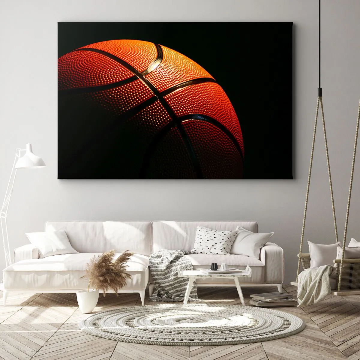 Obraz na płótnie - Zbliżenie na piłkę do koszykówki na czarnym tle - 70x50cm - Piękna jak planeta - Nowoczesna dekoracja ścienna do salonu i sypialni ARTTOR