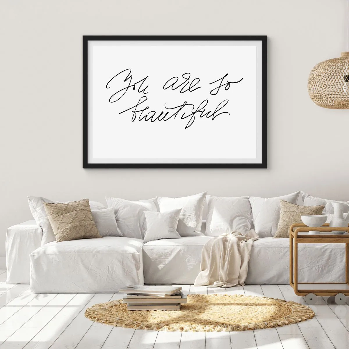 Plakat w czarnej ramie - Czarno-biały napis 'You are so beautiful' - 100x70cm - Naprawdę, uwierz… - Nowoczesna dekoracja ścienna do salonu i sypialni ARTTOR