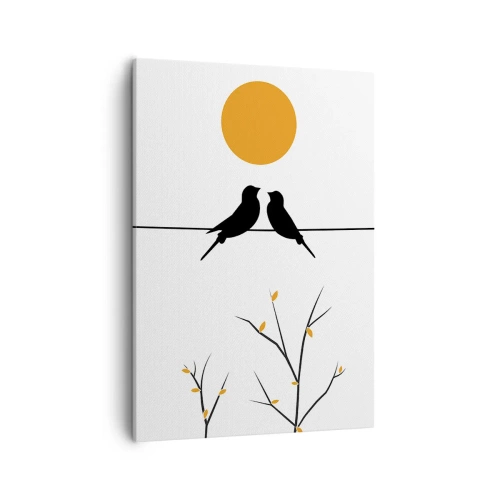 Obraz na płótnie - Dwa czarne ptaki na drucie z żółtym słońcem i gałązkami na białym tle - 50x70cm - Słowiczy wieczór - Nowoczesna dekoracja ścienna do salonu, kuchni i sypialni ARTTOR