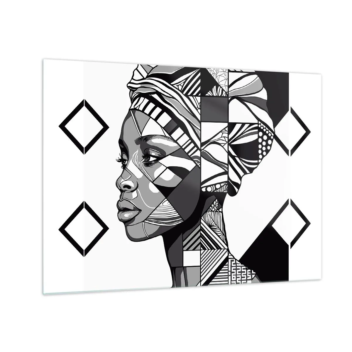 Obraz na szkle - Czarno-biały etniczny portret kobiety w geometrycznych wzorach - 70x50cm - Portret etniczny - Nowoczesna dekoracja ścienna do salonu i sypialni ARTTOR