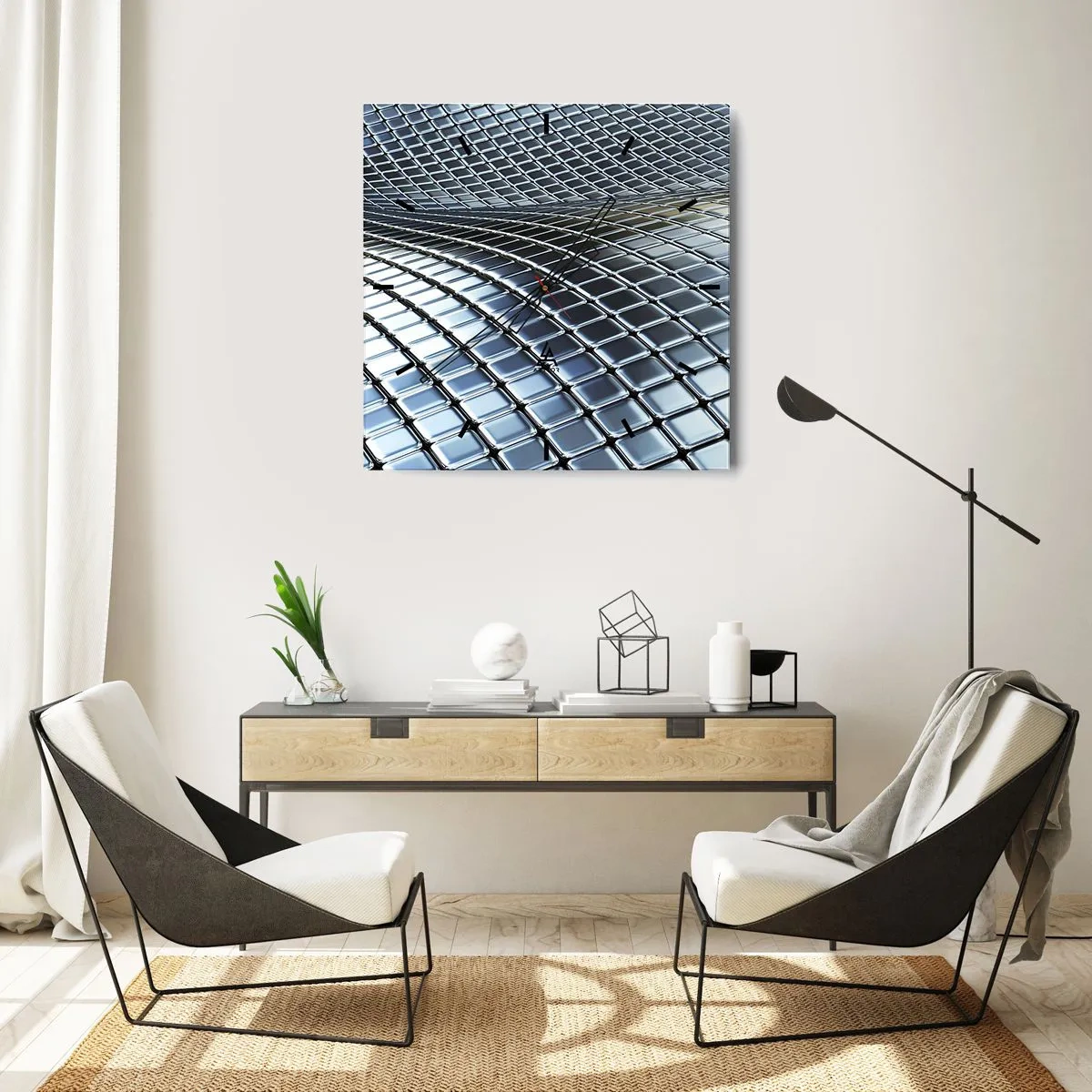 Zegar ścienny - Metaliczna srebrna fala - 40x40 cm