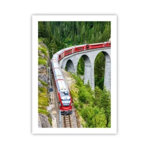 Plakat - Czerwony pociąg na wiadukcie w otoczeniu zielonego lasu - 50x70cm - Kolej na górskie widoki - Nowoczesna dekoracja ścienna do salonu, kuchni i sypialni ARTTOR