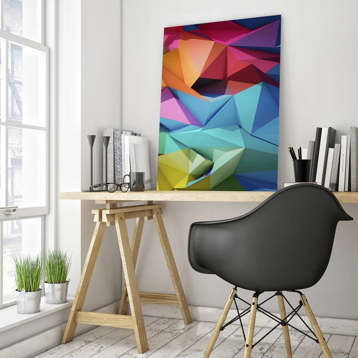 Obraz na szkle - Geometryczna kompozycja w intensywnych, wielobarwnych odcieniach - 50x70cm - Tęczowe origami - Nowoczesna dekoracja ścienna do salonu, kuchni i sypialni ARTTOR