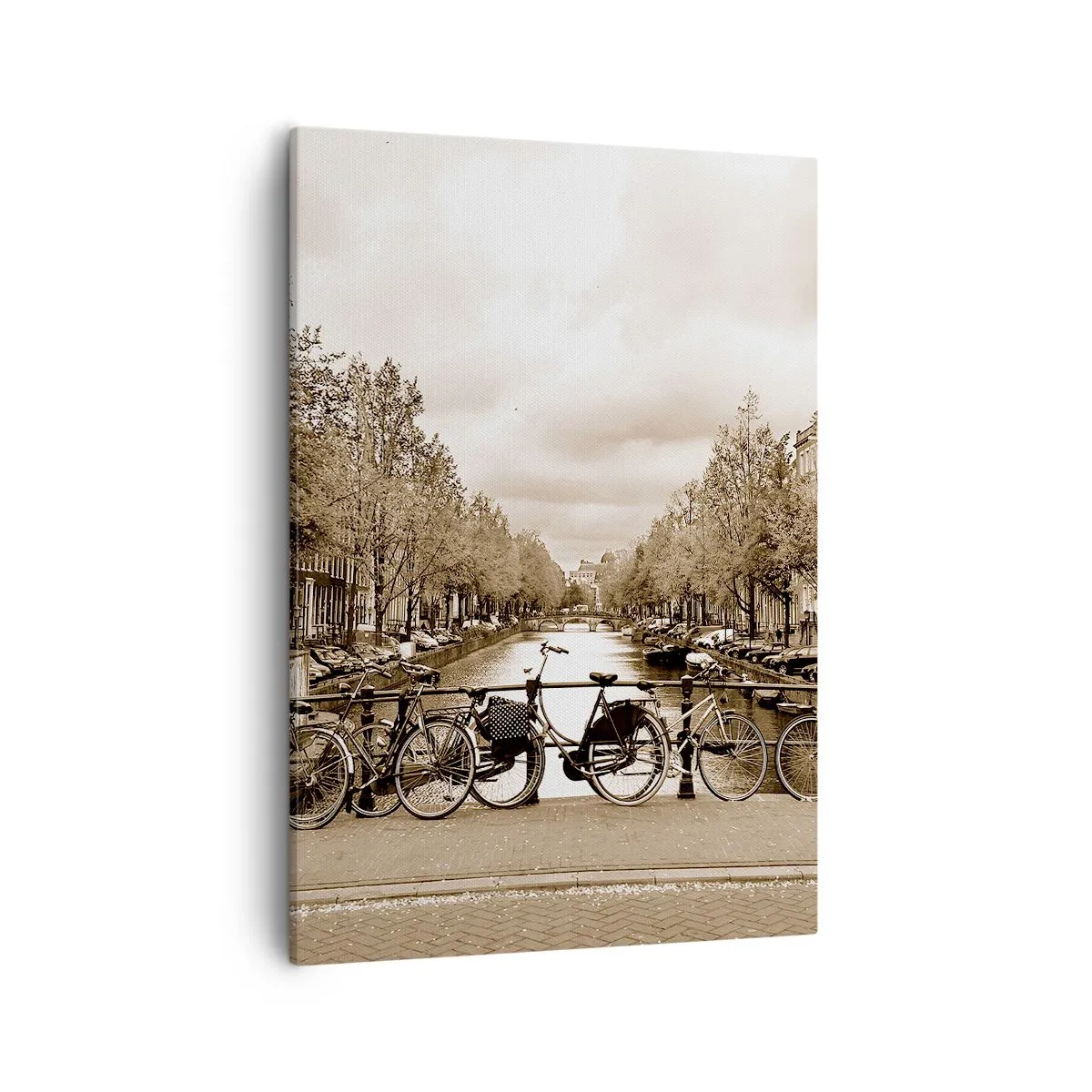 Obraz na płótnie - Retro fotografia rowerów nad kanałem w Amsterdamie - 50x70cm - Holenderskie klimaty - Nowoczesna dekoracja ścienna do salonu, kuchni i sypialni ARTTOR