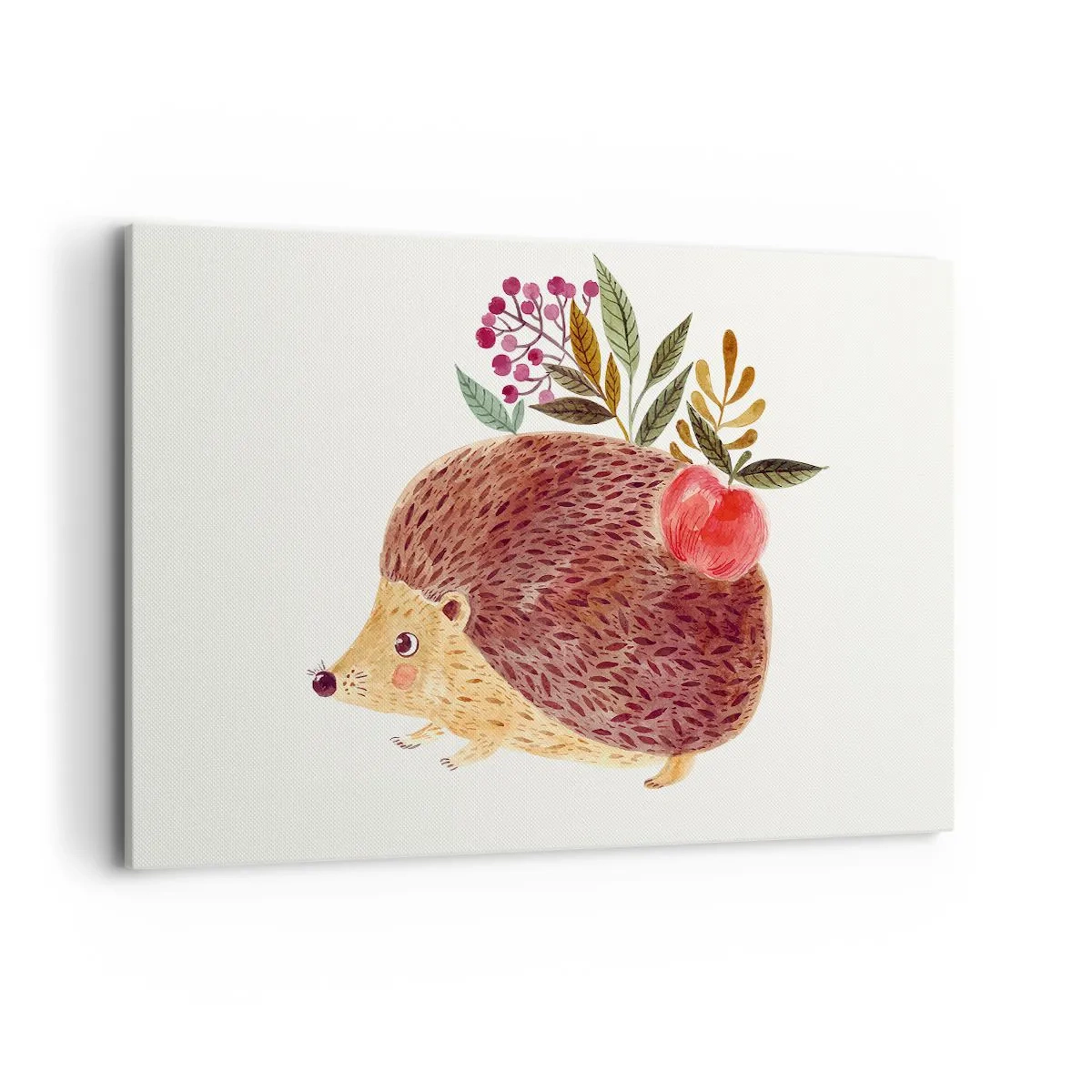 Obraz na płótnie - Uroczy jeżyk z jabłkiem i roślinami w ilustracyjnym stylu - 120x80cm - I już mnie lubisz - Nowoczesna dekoracja ścienna do salonu, kuchni i sypialni ARTTOR