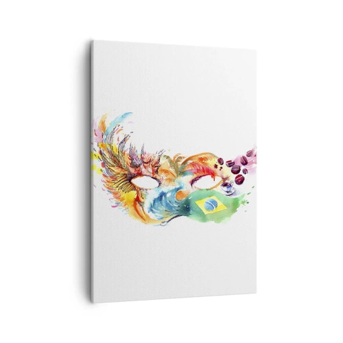 Obraz na płótnie - Kolorowa maska karnawałowa w stylu brazylijskim z akwarelowymi detalami - 50x70cm - Brazylia wita sambą - Nowoczesna dekoracja ścienna do salonu, kuchni i sypialni ARTTOR