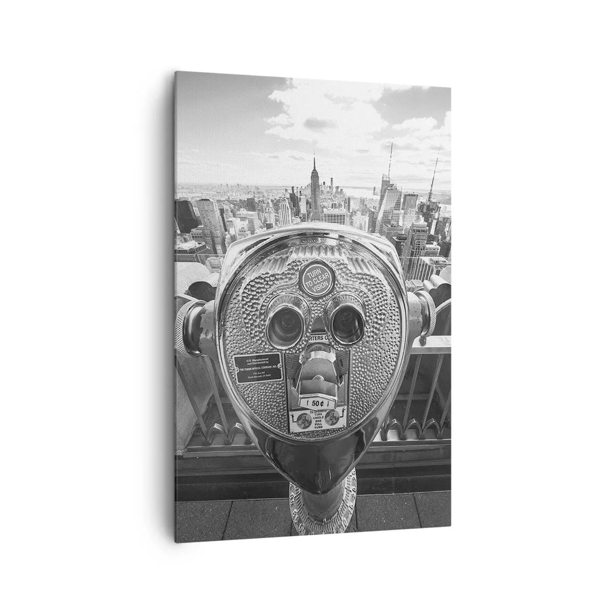 Obraz na płótnie - Monochromatyczny widok przez lunetę na panoramę miasta - 80x120cm - Miasto nad miastami - Nowoczesna dekoracja ścienna do salonu i sypialni ARTTOR