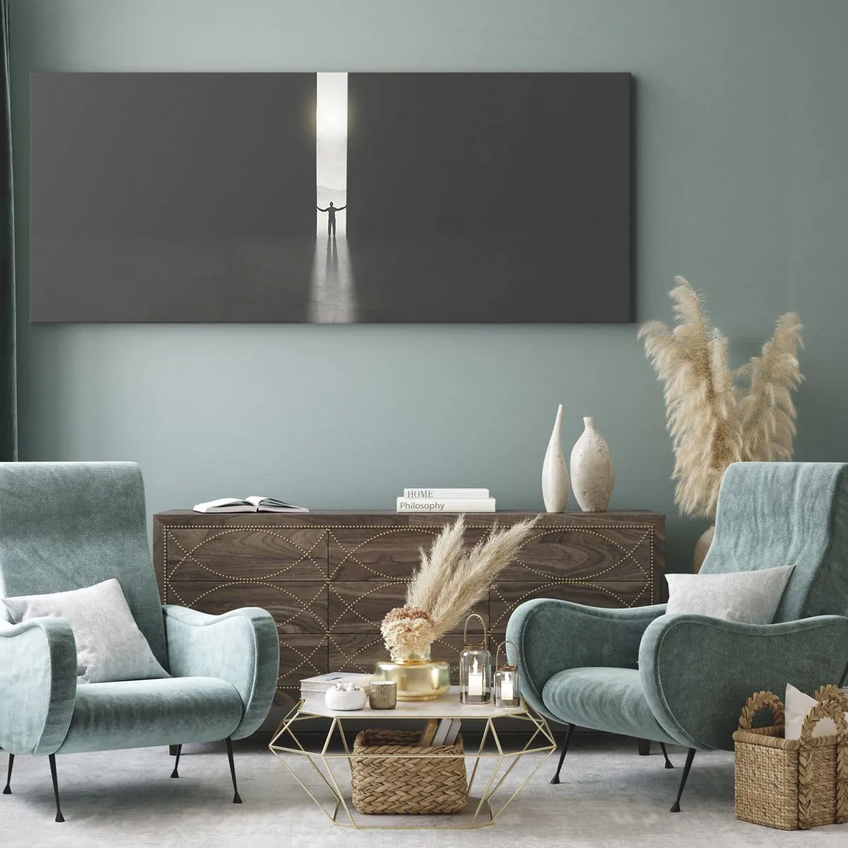 Obraz na płótnie - Człowiek stojący w świetle wąskiej szczeliny w ciemnej przestrzeni - 140x50cm - Krok do jasnej przyszłości - Nowoczesna dekoracja ścienna do salonu i sypialni ARTTOR