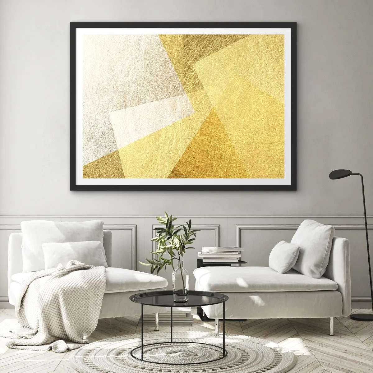 Plakat w czarnej ramie - Geometryczne formy w złotych i jasnych odcieniach - 70x50cm - Pogoda geometrii - Nowoczesna dekoracja ścienna do salonu i sypialni ARTTOR