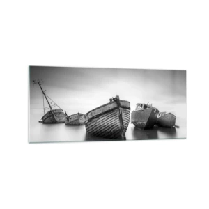 Obraz na szkle - Opuszczone łodzie na spokojnej wodzie - 120x50cm - Już tylko wspomnienia… - Nowoczesna dekoracja ścienna do salonu i sypialni ARTTOR