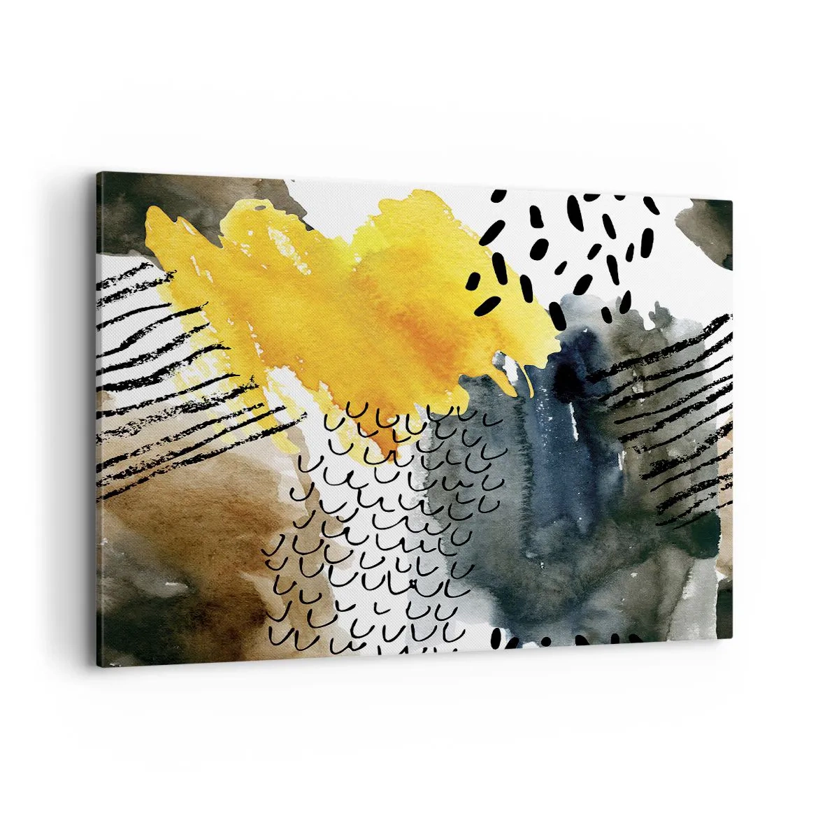 Obraz na płótnie - Abstrakcyjna kompozycja z żółtymi akcentami i graficznymi wzorami - 120x80cm - Spotkanie żywiołów - Nowoczesna dekoracja ścienna do salonu, kuchni i sypialni ARTTOR