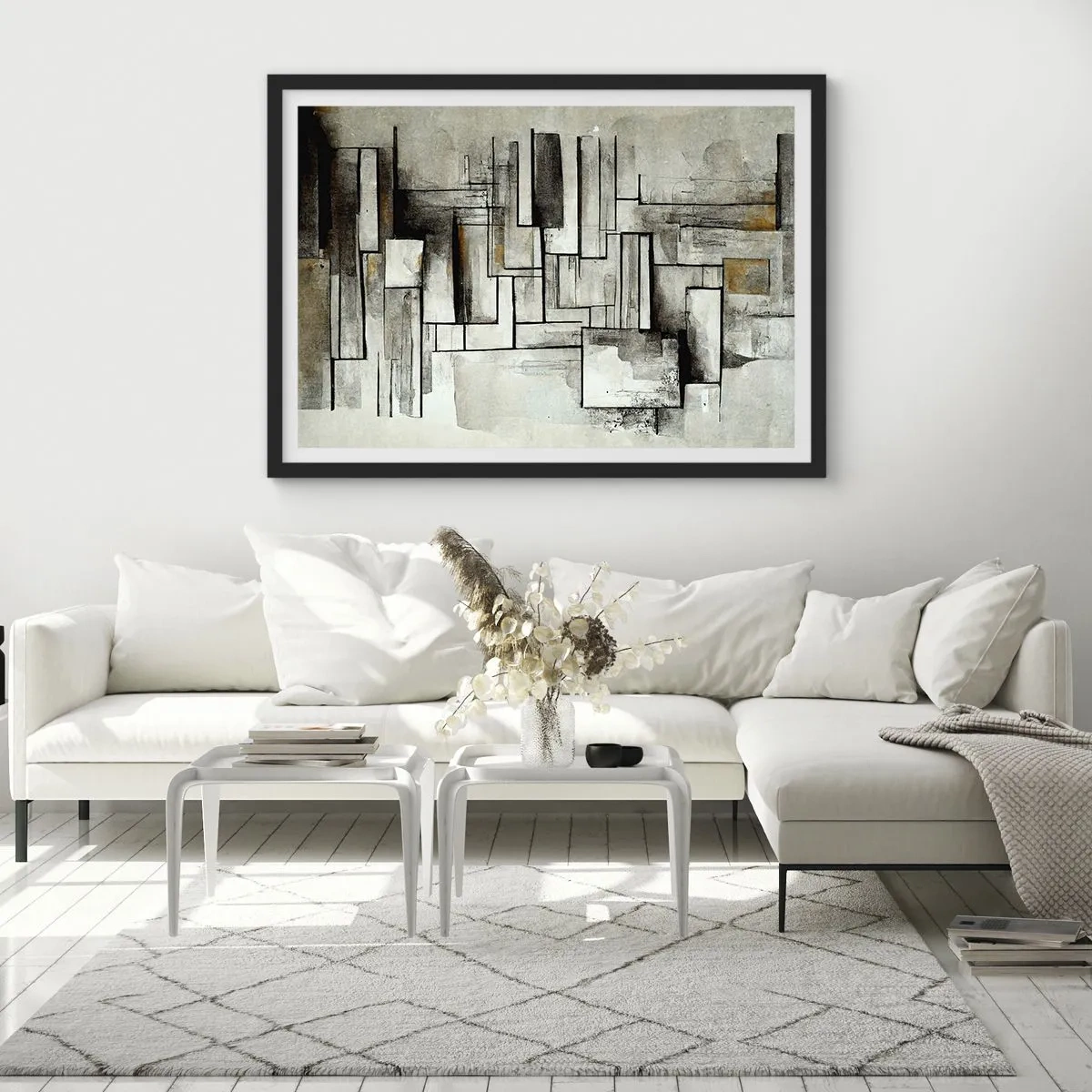 Plakat w czarnej ramie - Abstrakcyjne prostokąty w odcieniach szarości i czerni - 70x50cm - Siła prostoty - Nowoczesna dekoracja ścienna do salonu i sypialni ARTTOR