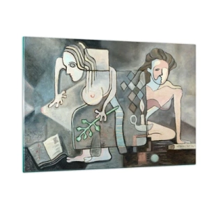 Obraz na szkle - Abstrakcyjna scena z dwoma postaciami w kubistycznym stylu - 120x80cm - Mozaika ducha i materii - Nowoczesna dekoracja ścienna do salonu, kuchni i sypialni ARTTOR