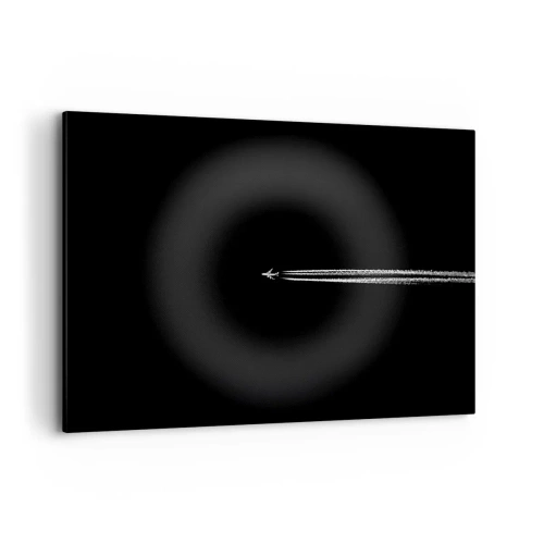 Obraz na płótnie - Samolot odrzutowy z widoczną smugą na czarnym tle - 100x70cm - W inny wymiar - Nowoczesna dekoracja ścienna do salonu, kuchni i sypialni ARTTOR