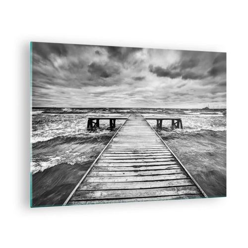 Obraz na szkle - Czarno-biały pomost wśród wzburzonych fal - 70x50cm - Czekam na wiatr, co rozgoni… - Nowoczesna dekoracja ścienna do salonu i sypialni ARTTOR