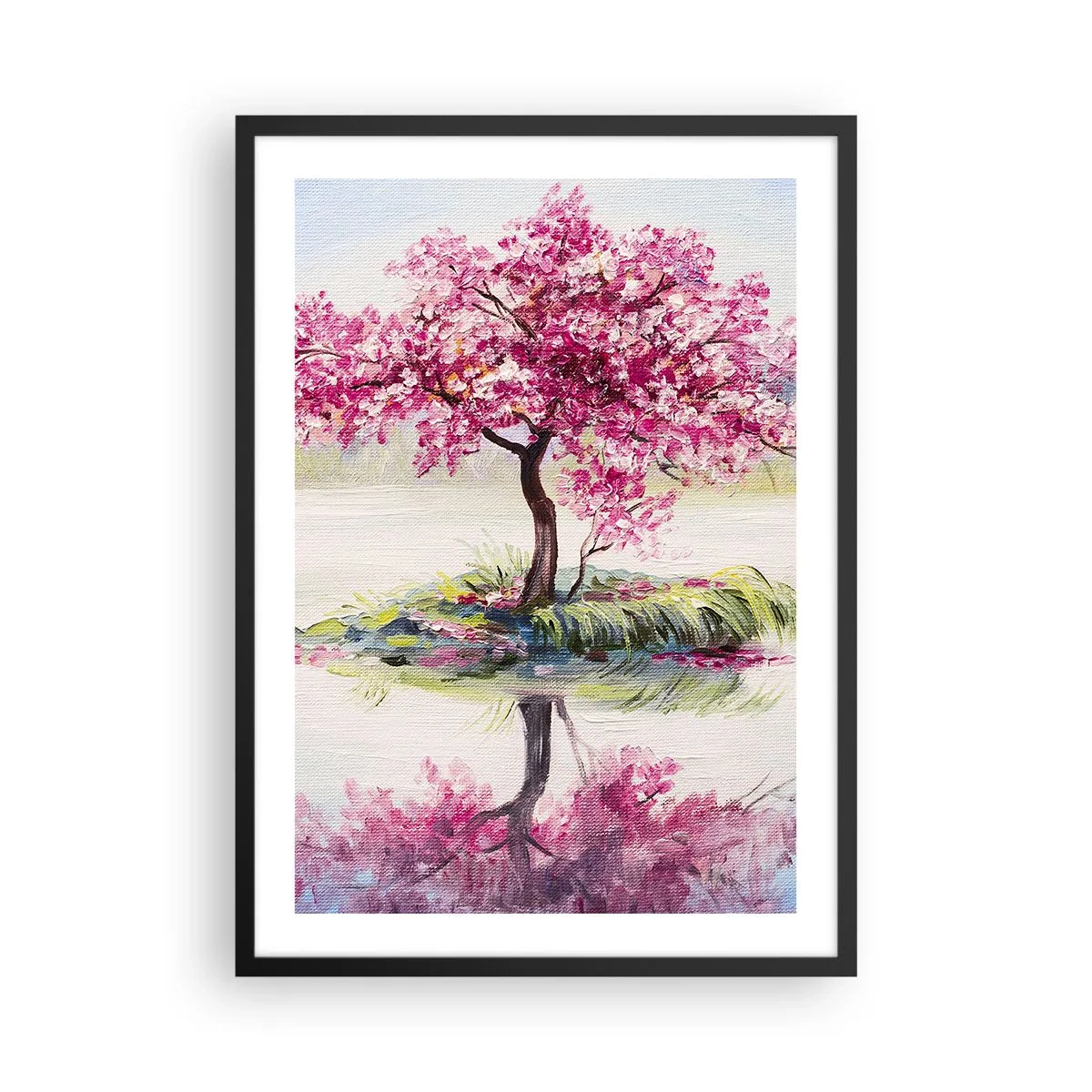 Plakat w czarnej ramie - Drzewo wiśniowe nad spokojnym jeziorem - 50x70cm - Święto wiosny - Nowoczesna dekoracja ścienna do salonu i sypialni ARTTOR