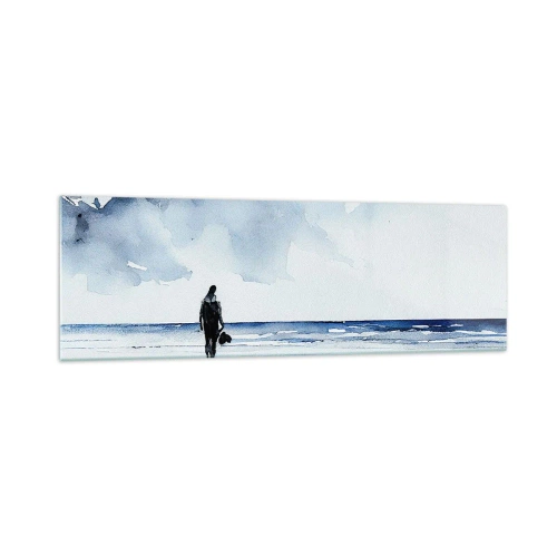Obraz na szkle - Postać na plaży w spokojnym otoczeniu morza - 160x50cm - Rozmowa z morzem - Nowoczesna dekoracja ścienna do salonu i sypialni ARTTOR