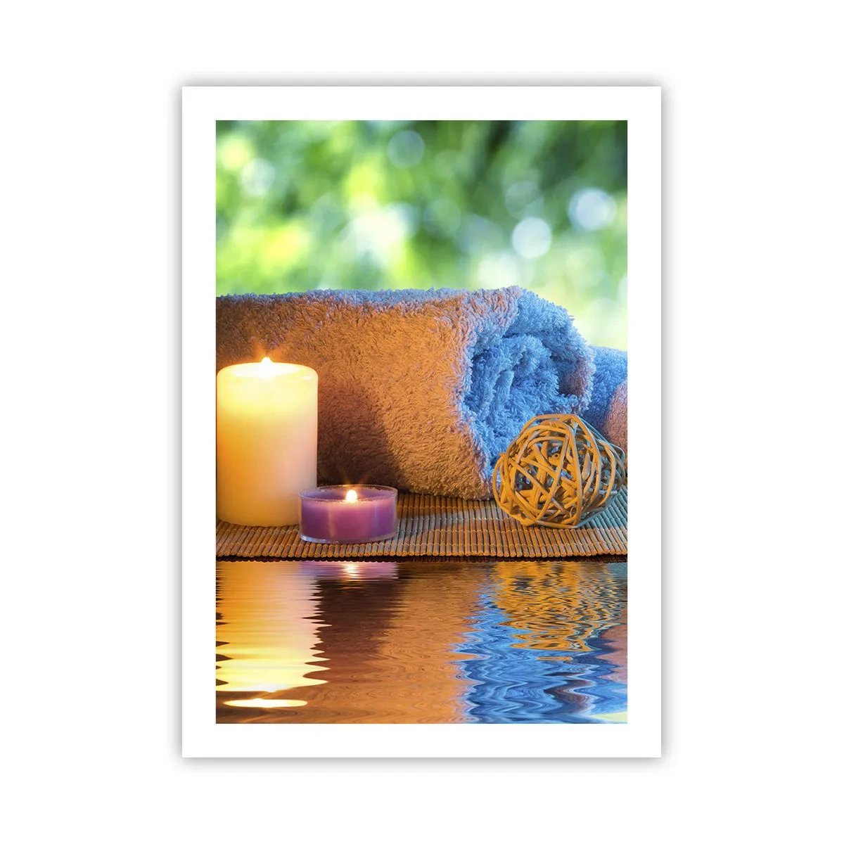 Plakat - Świece i ręcznik na tle naturalnego krajobrazu - 50x70cm - Czas dla ciała - Nowoczesna dekoracja ścienna do salonu, kuchni i sypialni ARTTOR