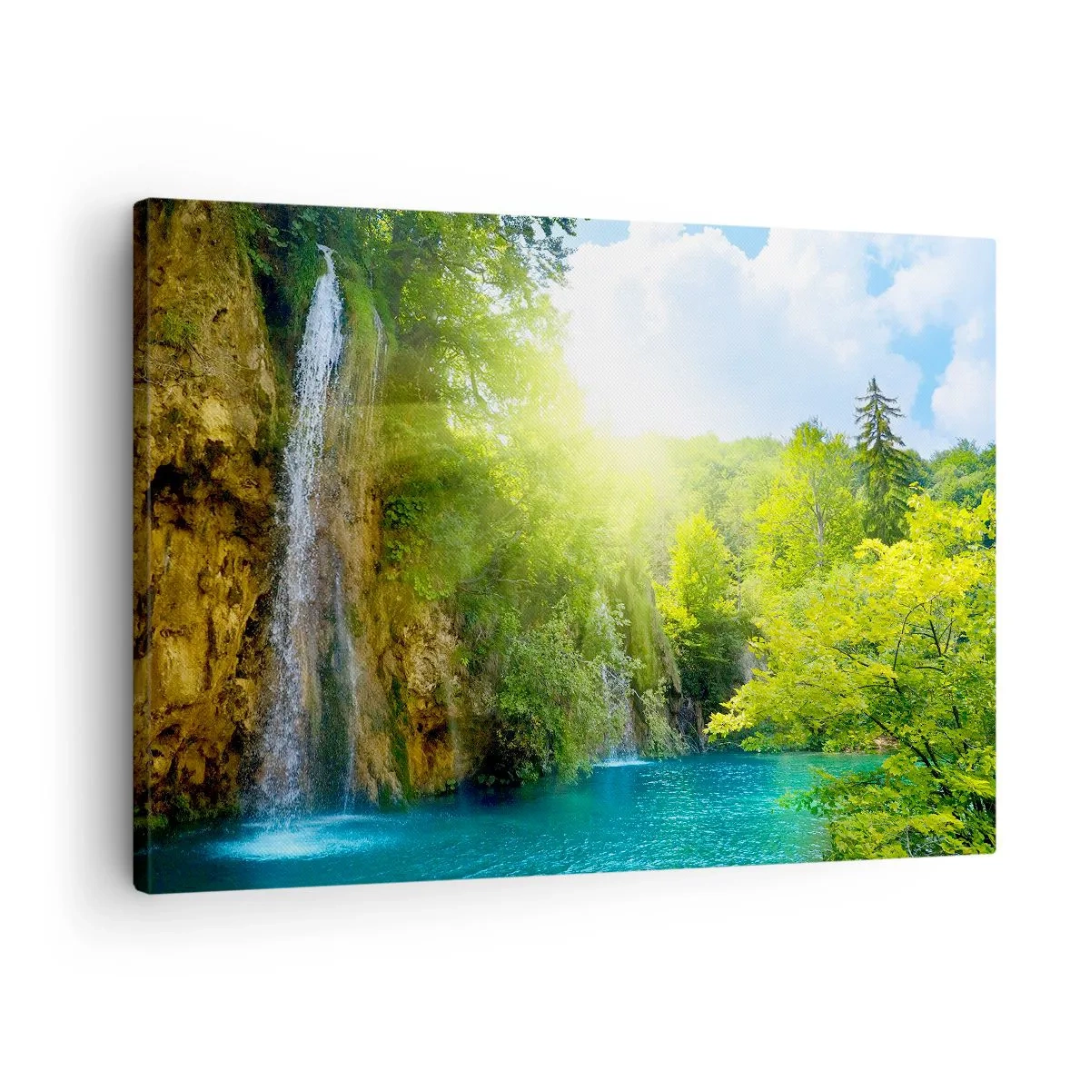 Obraz na płótnie - Wodospad spływający do turkusowego jeziora otoczonego zielenią - 70x50cm - To musi być Eden - Nowoczesna dekoracja ścienna do salonu i sypialni ARTTOR