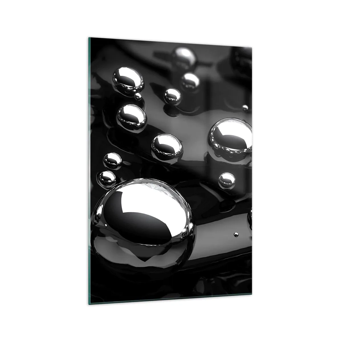 Obraz na szkle - Abstrakcyjne krople na czarnej powierzchni - 70x100cm - Z czarnej toni - Nowoczesna dekoracja ścienna do salonu i sypialni ARTTOR