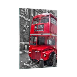 Obraz na szkle - Czerwony londyński autobus na czarno-białym tle ulicy - 50x70cm - Zawsze taki sam - Nowoczesna dekoracja ścienna do salonu, kuchni i sypialni ARTTOR