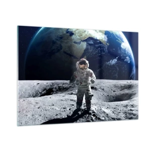 Obraz na szkle - Astronauta na powierzchni Księżyca z Ziemią w tle - 100x70cm - Pozdrowienia z Księżyca - Nowoczesna dekoracja ścienna do salonu, kuchni i sypialni ARTTOR