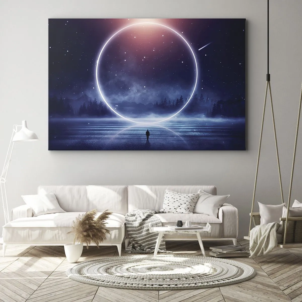 Obraz na płótnie - Magiczny krajobraz z postacią i świetlistym kręgiem nocą - 120x80cm - Już tu są… - Nowoczesna dekoracja ścienna do salonu, kuchni i sypialni ARTTOR