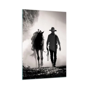 Obraz na szkle - Silhouette of a cowboy leading a horse through a misty landscape - 50x70cm - Teksański poranek - Nowoczesna dekoracja ścienna do salonu, kuchni i sypialni ARTTOR