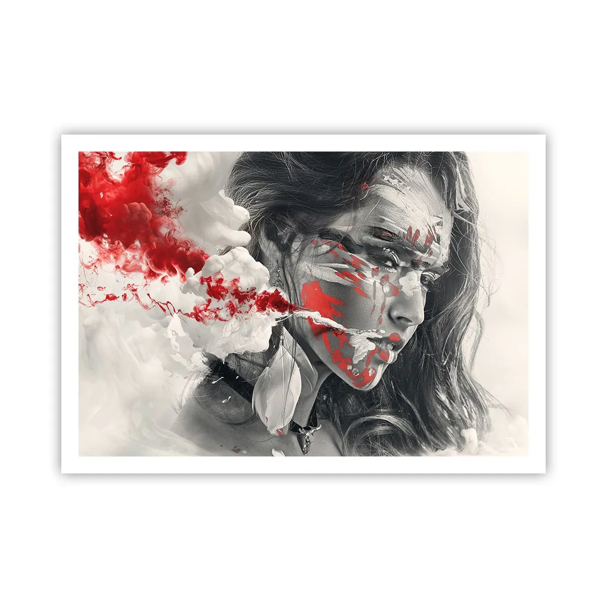 Plakat - Artystyczny portret kobiety z abstrakcyjnymi czerwonymi akcentami - 100x70cm - W oparach absurdu - Nowoczesna dekoracja ścienna do salonu i sypialni ARTTOR