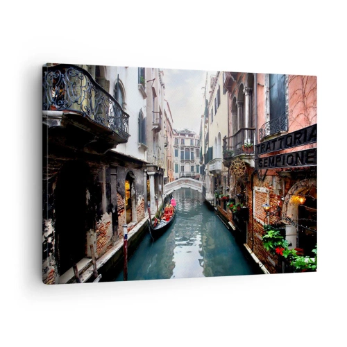 Obraz na płótnie - Kanał w Wenecji z gondolą i zabytkowymi kamienicami - 70x50cm - Pejzaż wenecki z gondolą i mostkiem - Nowoczesna dekoracja ścienna do salonu i sypialni ARTTOR